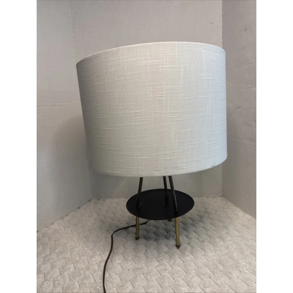 VTG MCM Atomic Tripod Table Lamp Brass Metal Smoker Ashtray Trinket Shelf 20